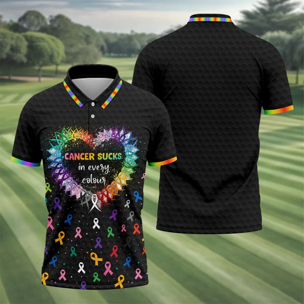 Cancer Sucks In Every Colour Awareness Ribbon Golf Polo Shirt, Mens Golf Apparel
