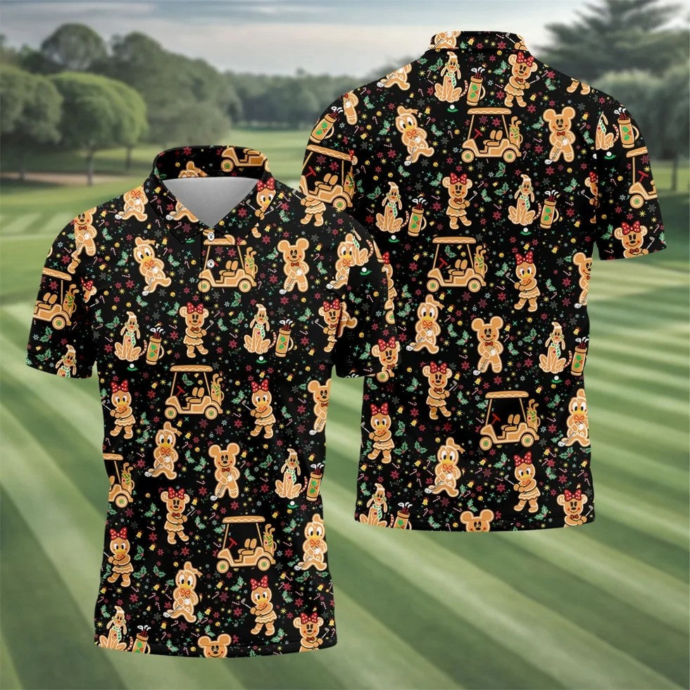 Cartoon Gingerbread Black Golf Shirt, Christmas Golf Shirt, Polo Shirts For Men, Golf Gift For Men