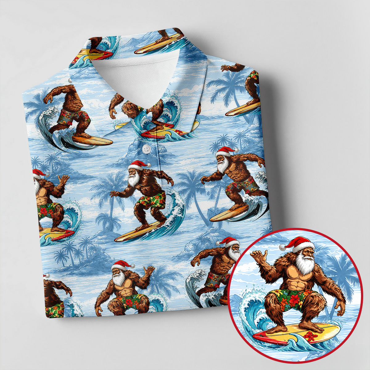 Funny Surfing Santa Bigfoot Christmas Polo Shirt, Mens Golf Polo, Hawaiian Golf Shirt