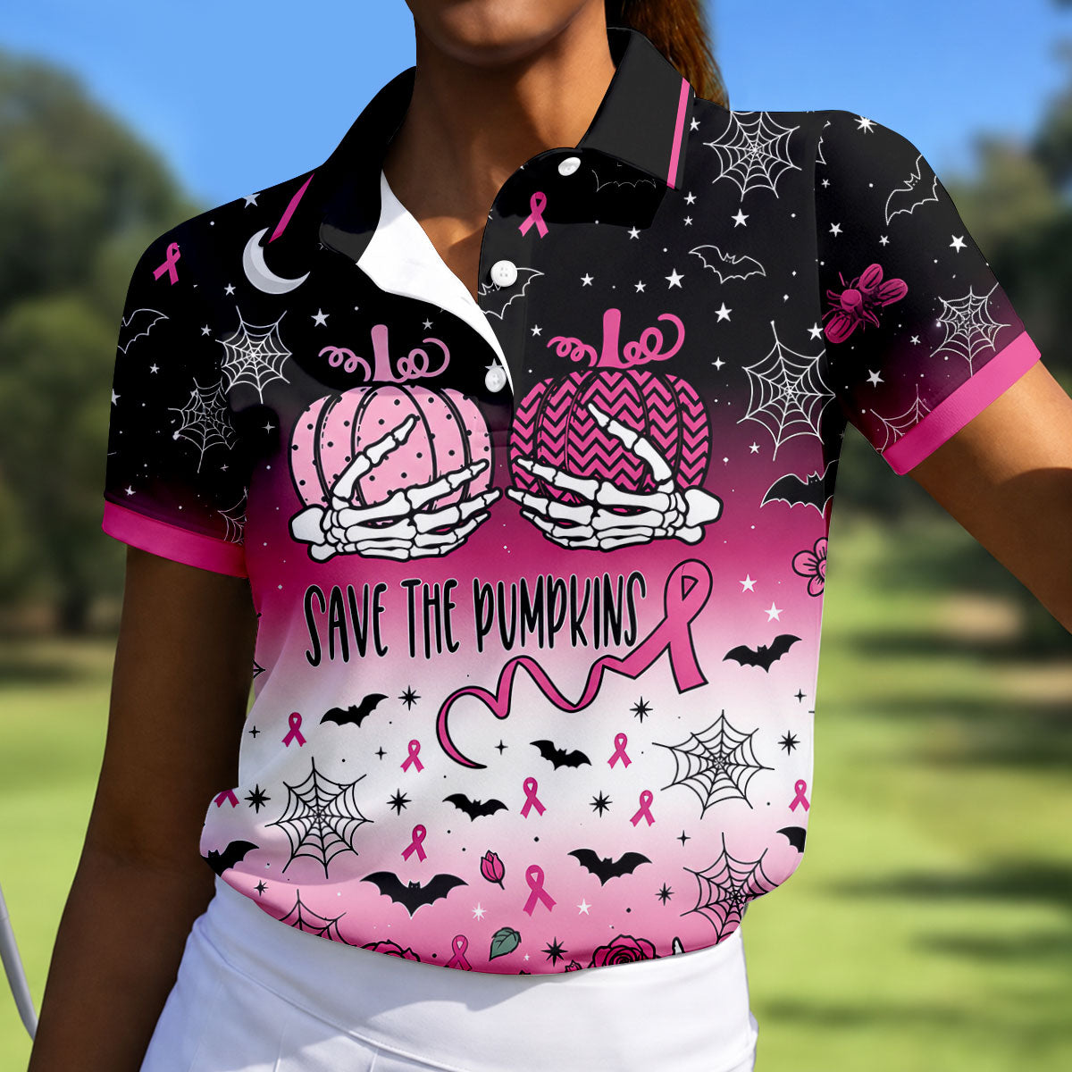Save The Pumpkins Halloween Breast Cancer Polo Shirt, Womens Golf Tops, Women’s Golf Polo