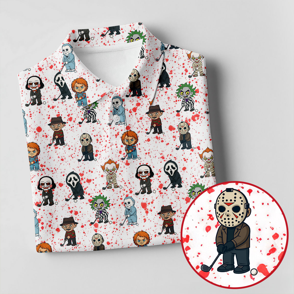 White Horror Character Golf Polo Shirt, Men's Golf Polo, Hawaiian Golf Shirt