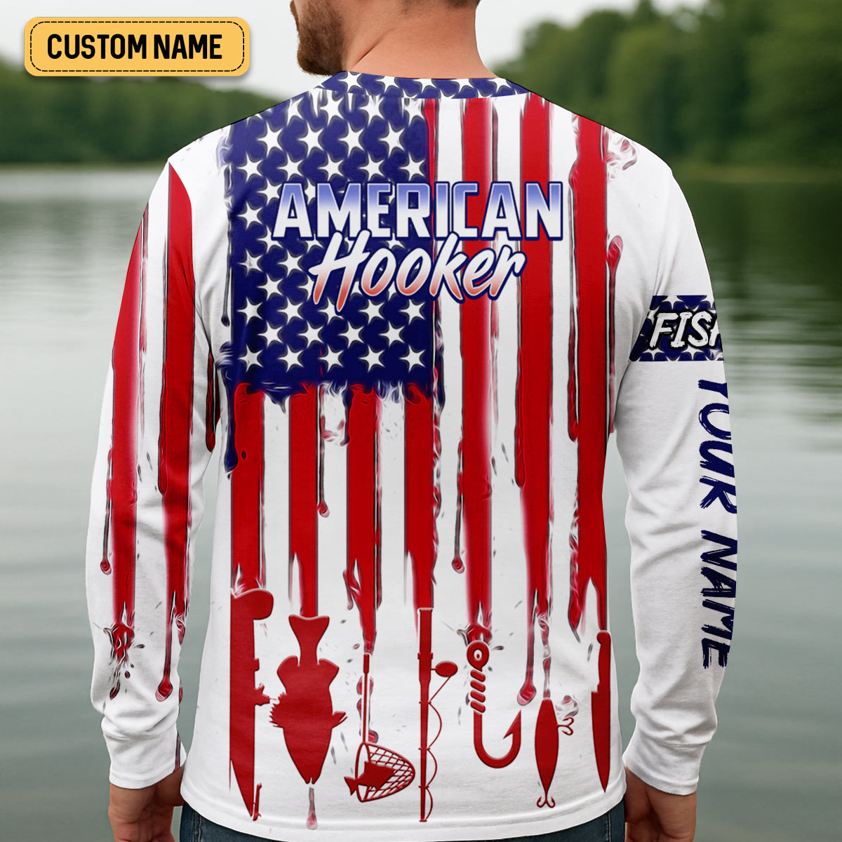 American Hooker Hooded UPF Shirt, American Flag Fish Shirt, Long Sleeve Fishing Shirts, Mens Casual Shirts