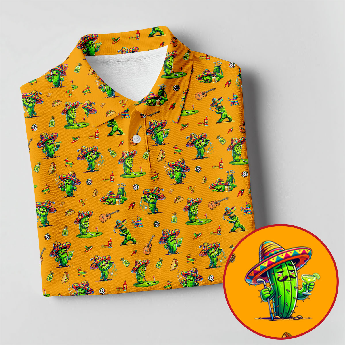 Cartoon Mustach Funny Cactus Cinco De Mayo Celebration Fiesta Themed Orange Golf Shirt For Women