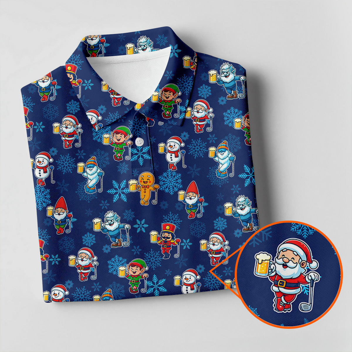 Christmas Characters Golf And Beer Navy Men's Funny Golf Shirts, Christmas Golf Shirt, Polo Shirts For Men