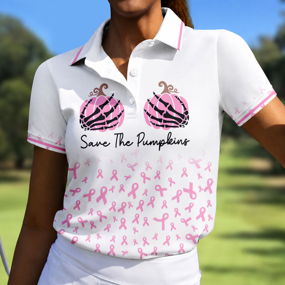 Save The Pumpkins Breast Cancer Polo Shirt, Golf Tops For Women, Women’s Golf Apparel