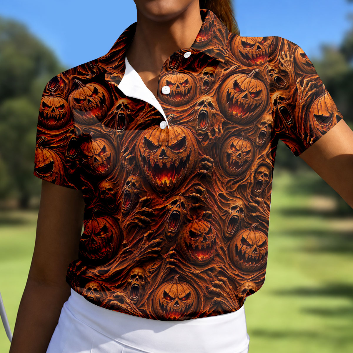 Halloween Evil Pumpkin Ghost Horror Character Polo Shirt, Golf Polo, Womens Golf Tops