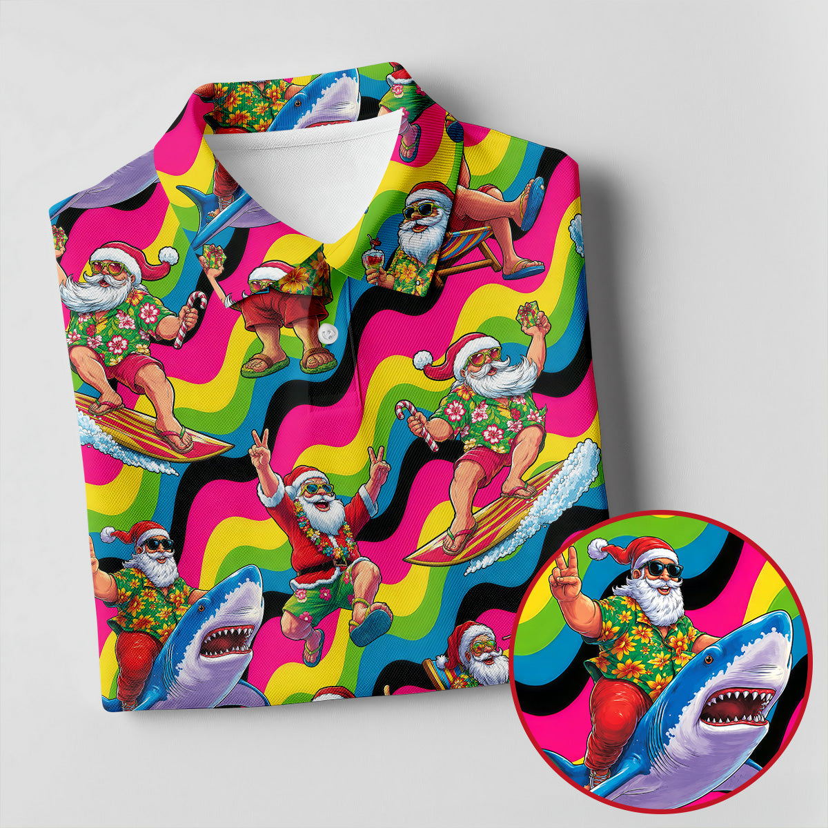 Funny Surfing Santa Riding Shark Hawaiian Golf Shirt, Golf Polo For Women, Printed Golf Shirt