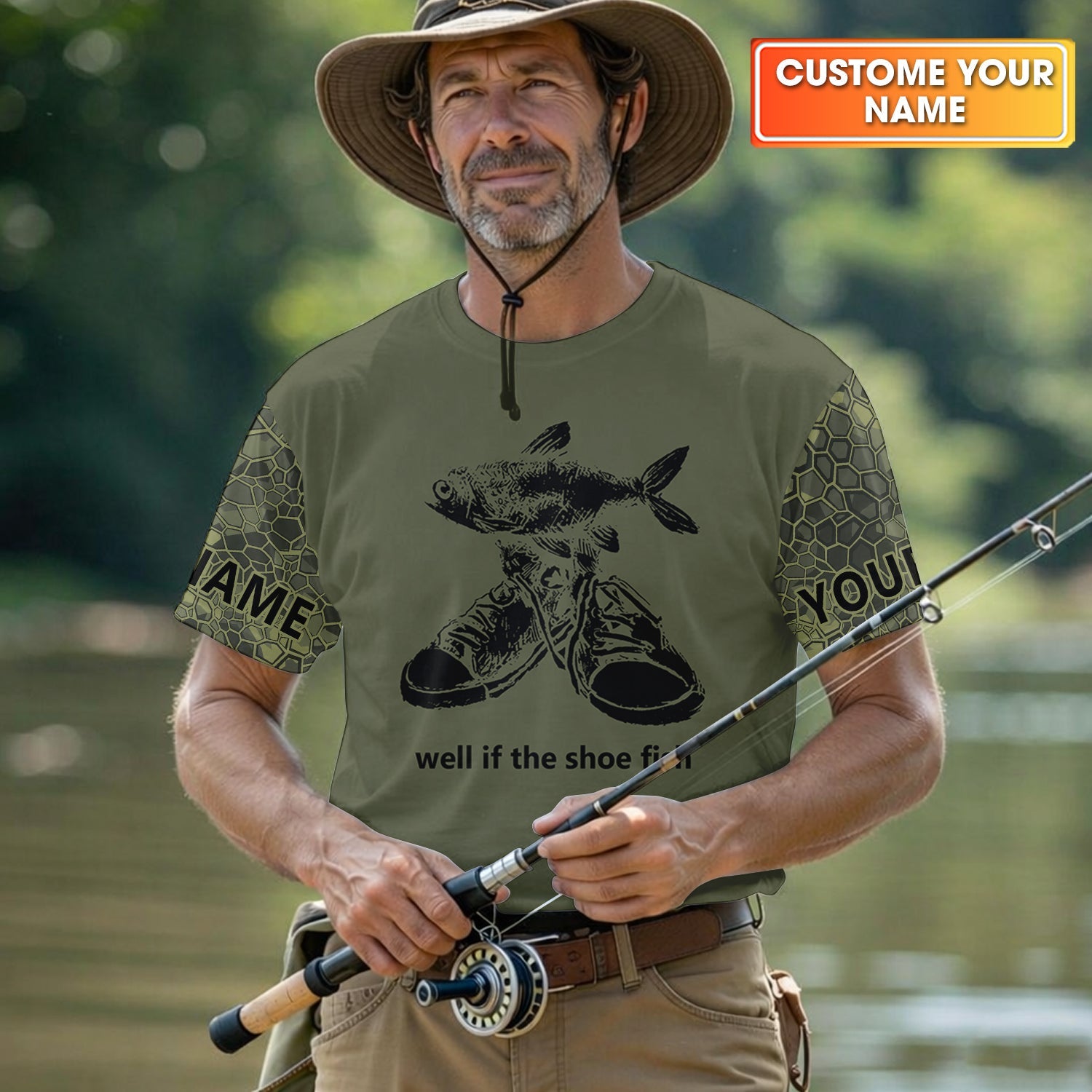 Well If The Shoe Fish Green Camo Fishing UPF Shirts, Funny Fishing Shirt, Fishing Gift for Men