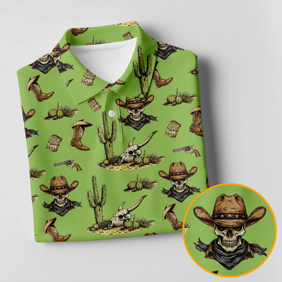 Cowboy Skeleton Longhorn Cow Skull Western Theme Sage Green Ladies Golf Shirts, Golf Shirt For Women