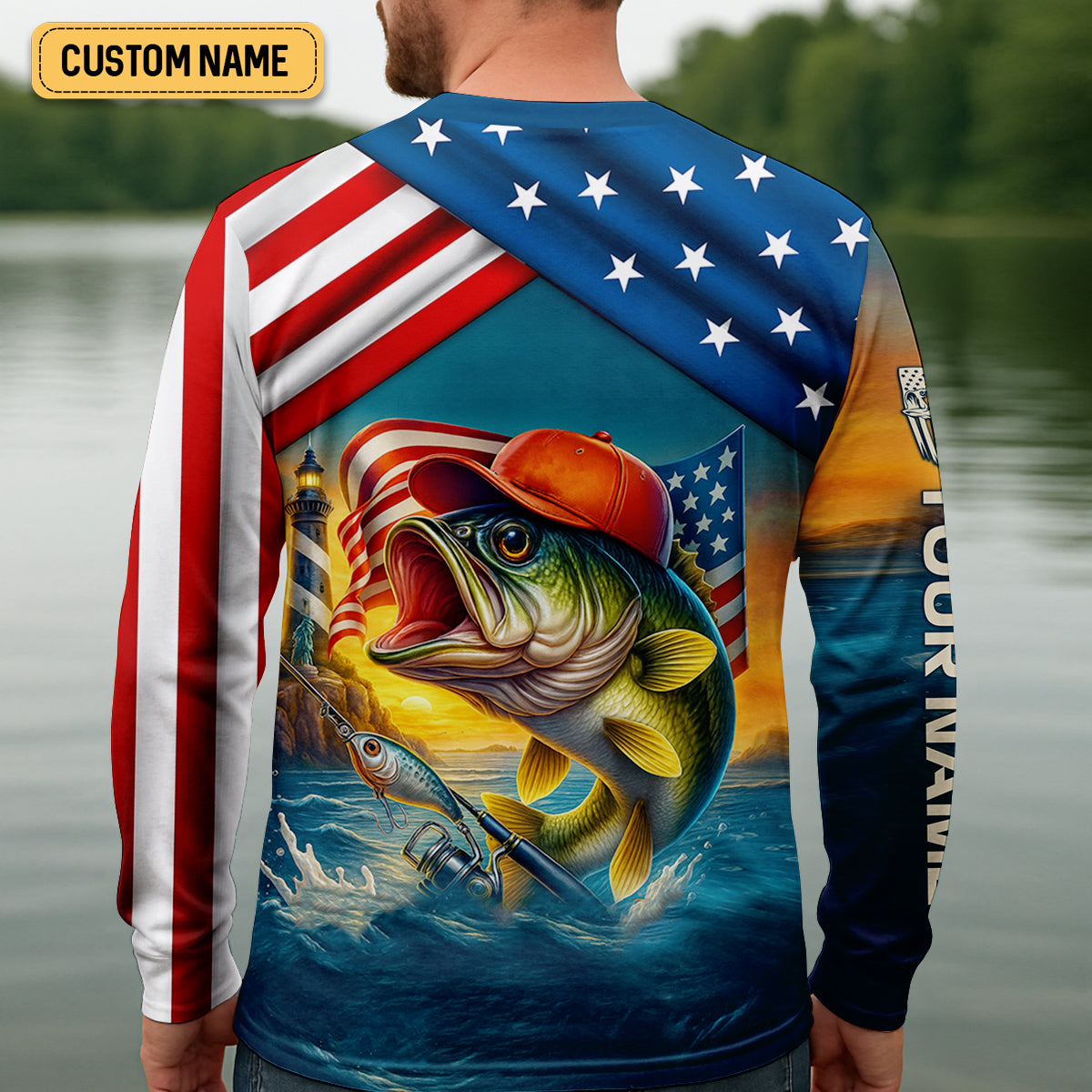 Hooked On Freedom Patriotic Fishing Shirt, Largemouth Bass Fishing SPF Shirt For Men, Men's Fishing Shirt