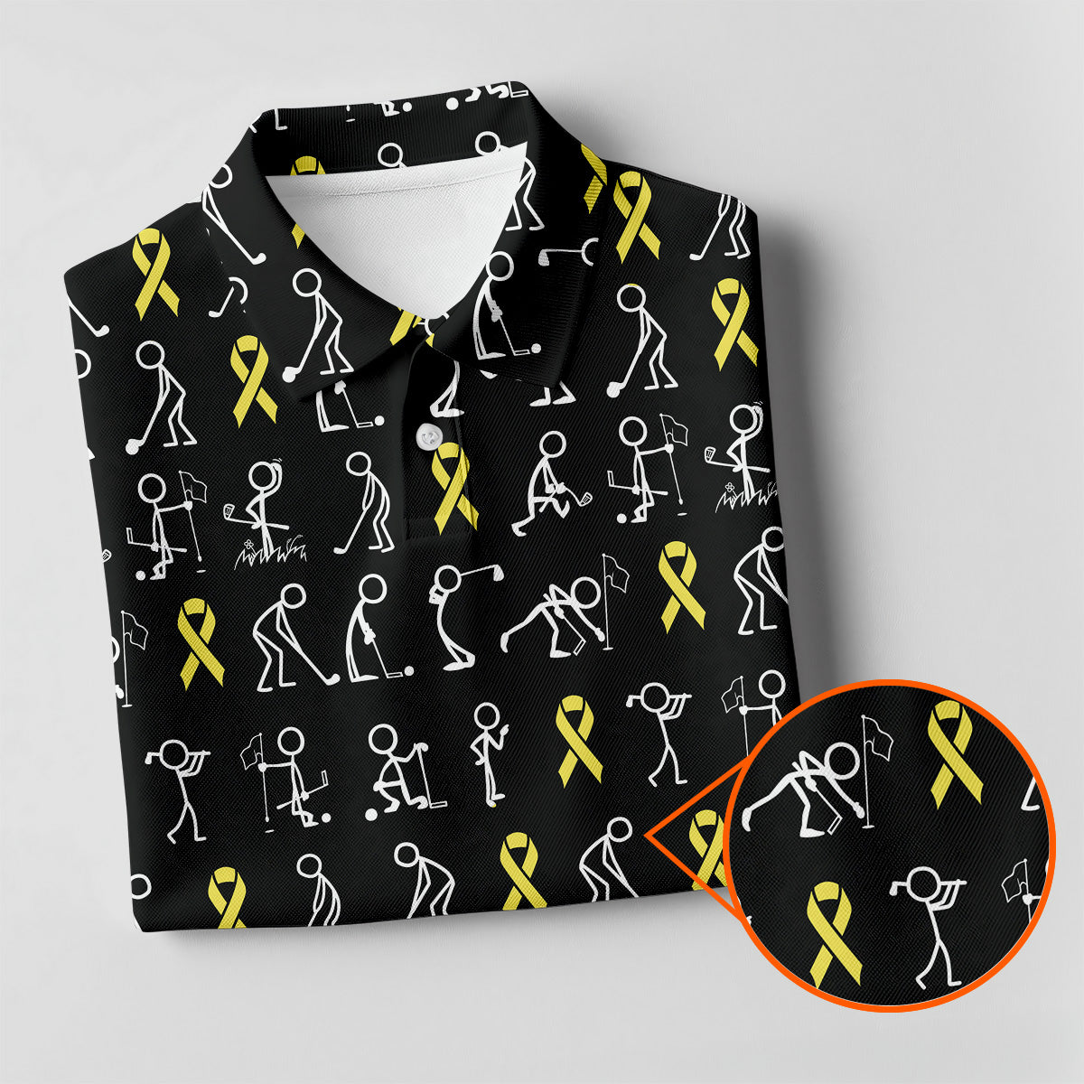 Funny Stick Figure Women's Golf Shirt, Childhood Cancer Awareness Shirt, Yellow Ribbon Golf Shirts For Women