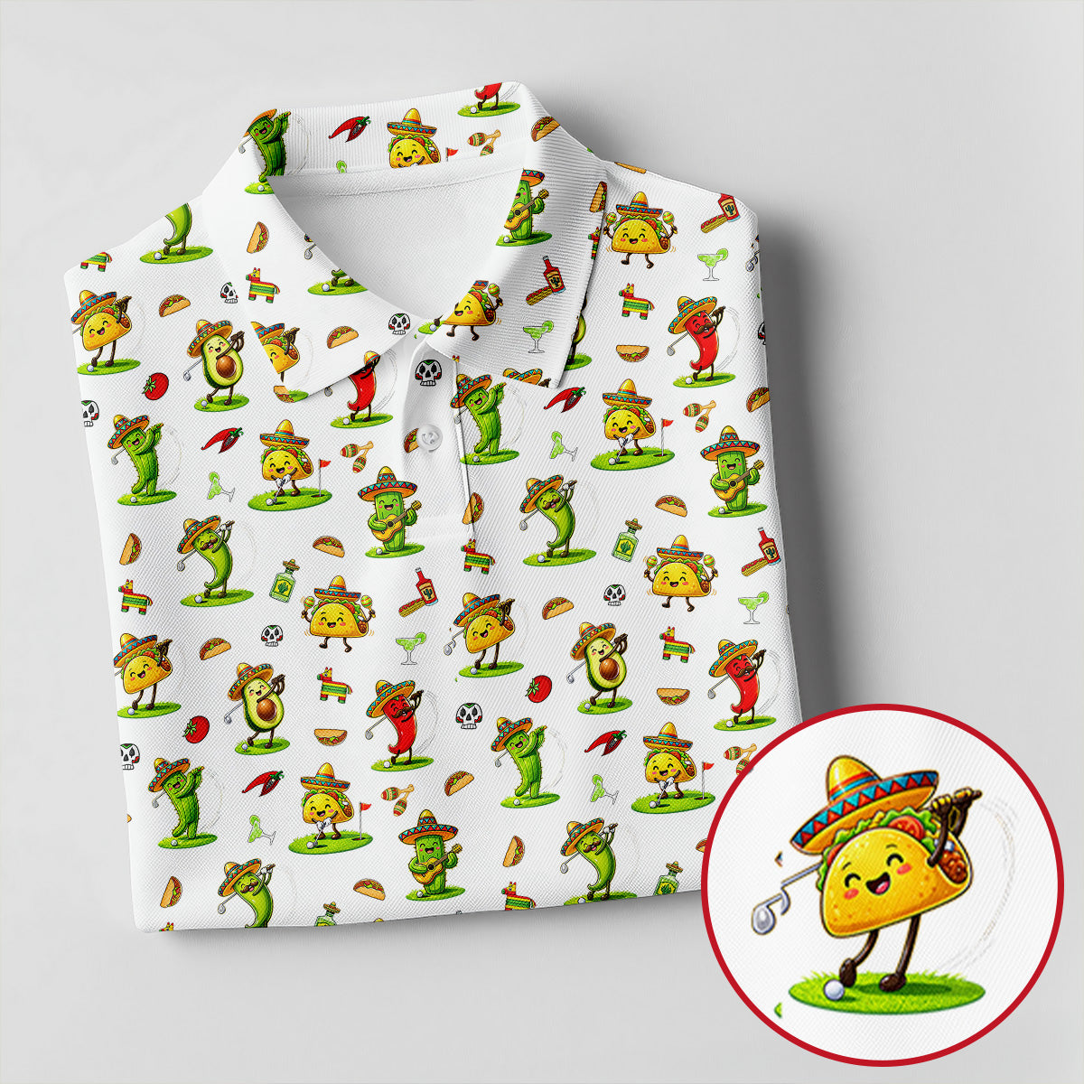 Mexican Cartoon Food Characters Cinco De Mayo Celebration Fiesta Themed White Golf Shirts For Men