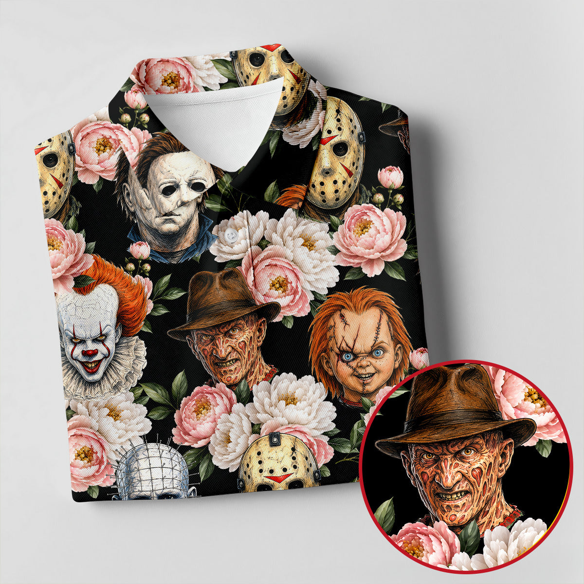 Horror Icons Floral Hawaiian Golf Shirt, Women's Golf Tops, Ladies Golf Shirts