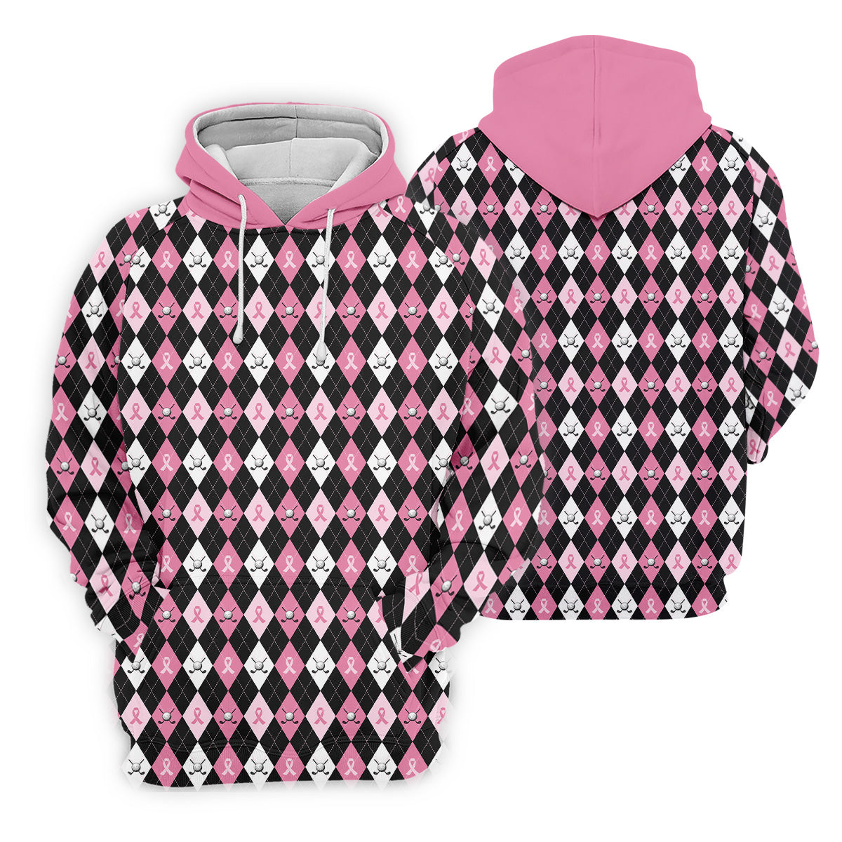 Black Pink Argyle Womens Golf Shirts, Breast Cancer Golf Shirt, Ladies Pink Golf Shirt, Golf Gift For Womens