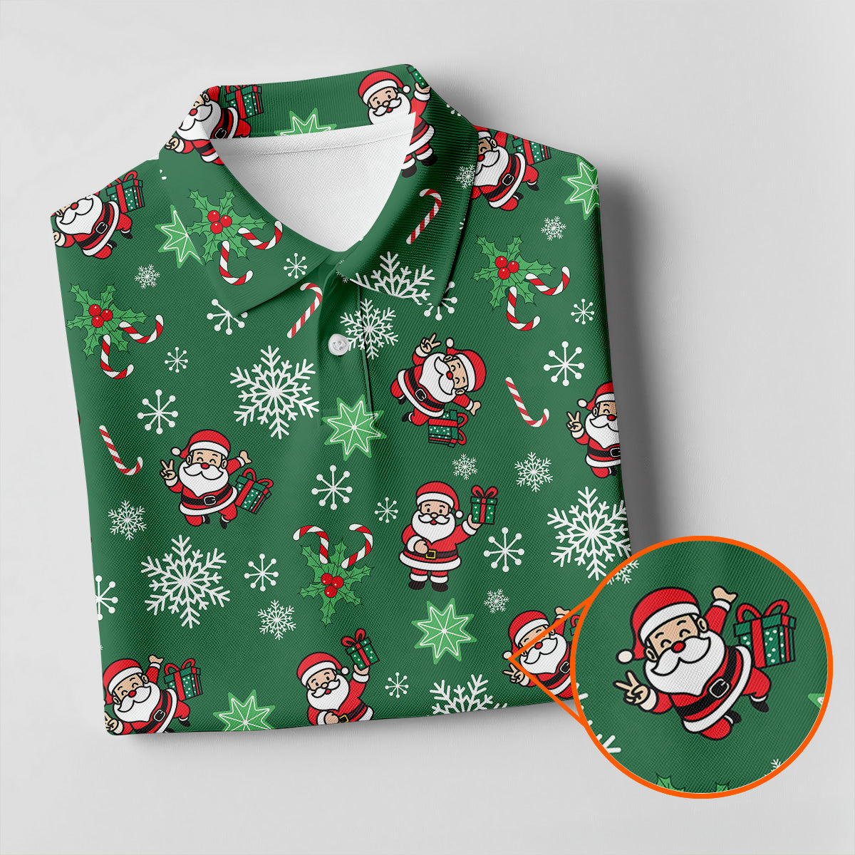 Santa Claus Pattern Christmas Green Golf Tops For Men, Christmas Golf Shirt, Polo ShirtFor Men