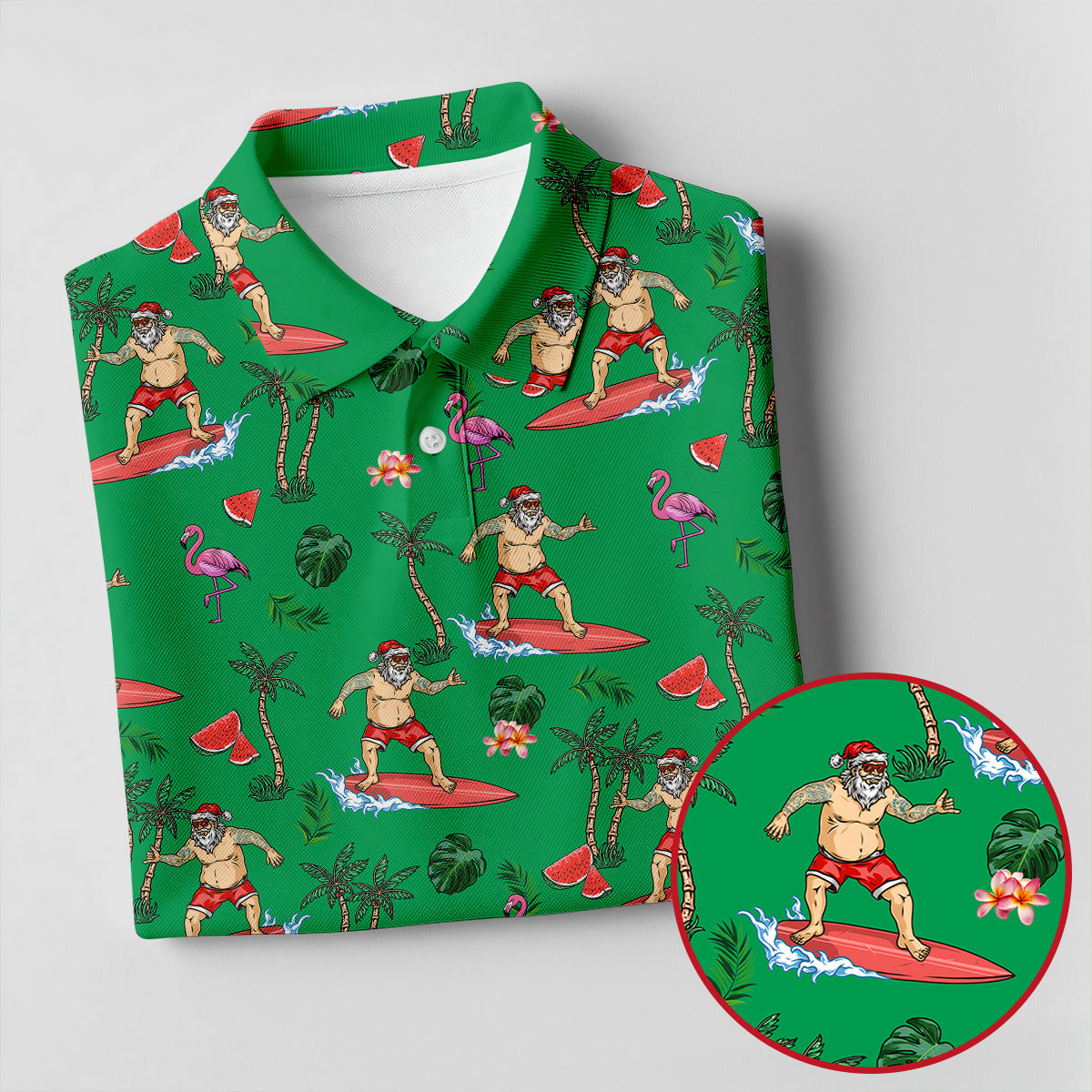 Surfing Santa Tropical Beach Golf Polo Shirt, Christmas Golf Shirt, Printed Golf Shirts, Golf Apparel For Men