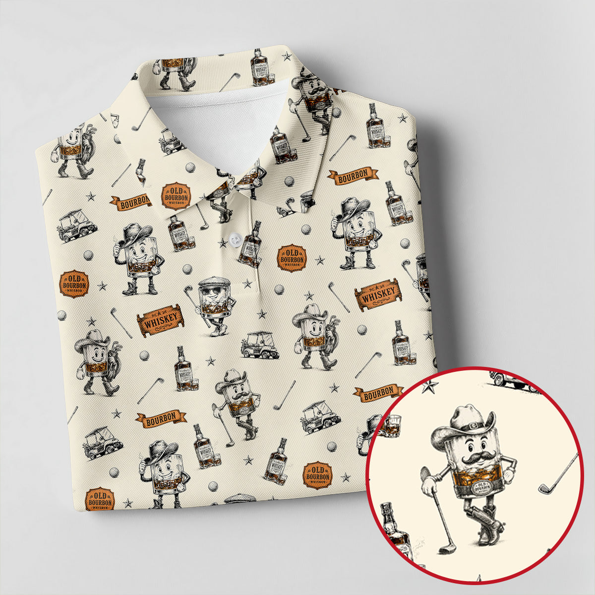 Vintage Bourbon Whiskey Golf Pattern Polo Shirt, Golf Polo Shirts For Men, Mens Golf Apparel