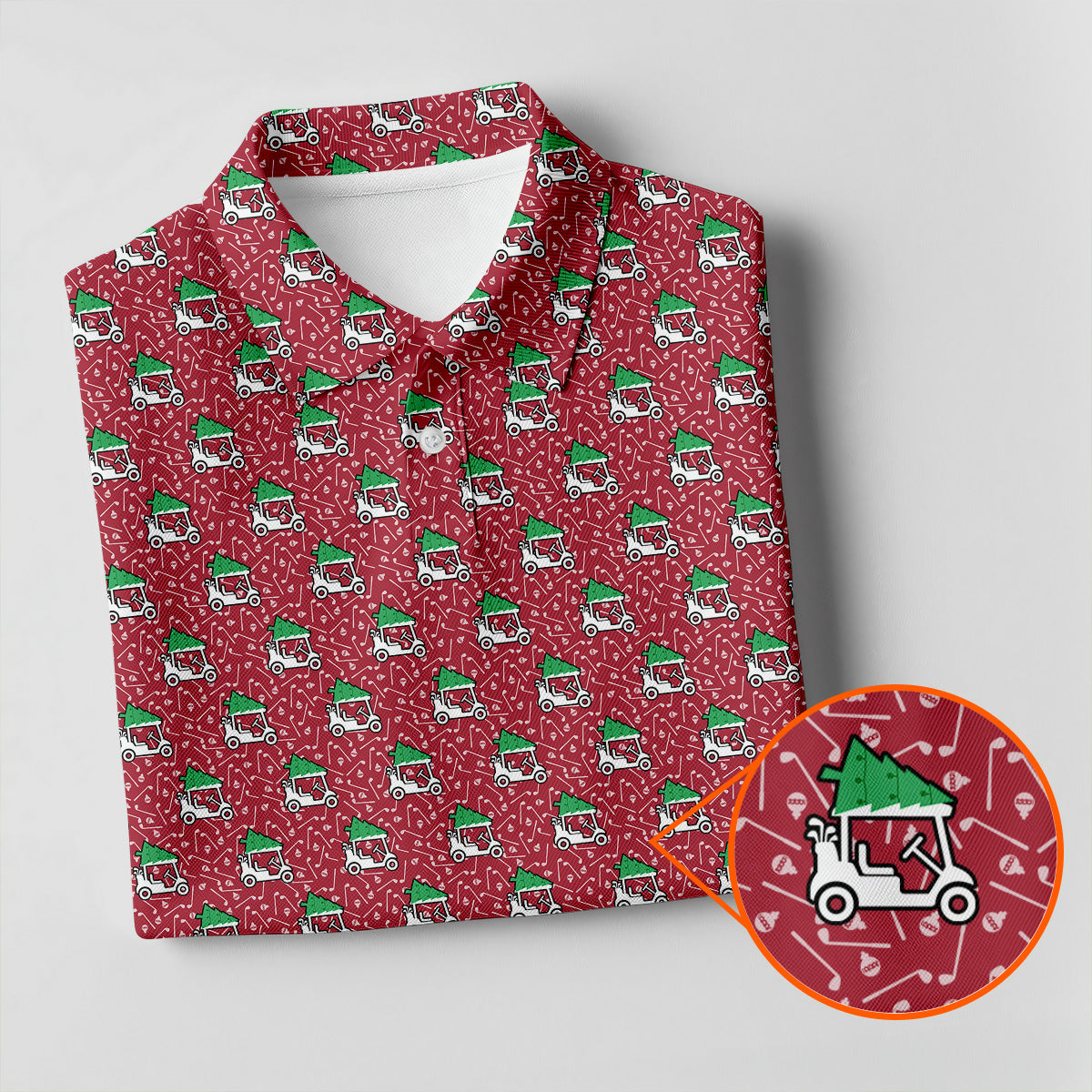 Christmas Golf Cart Pattern Red Men's Golf Tops, Christmas Golf Shirt, Polo Shirts For Men