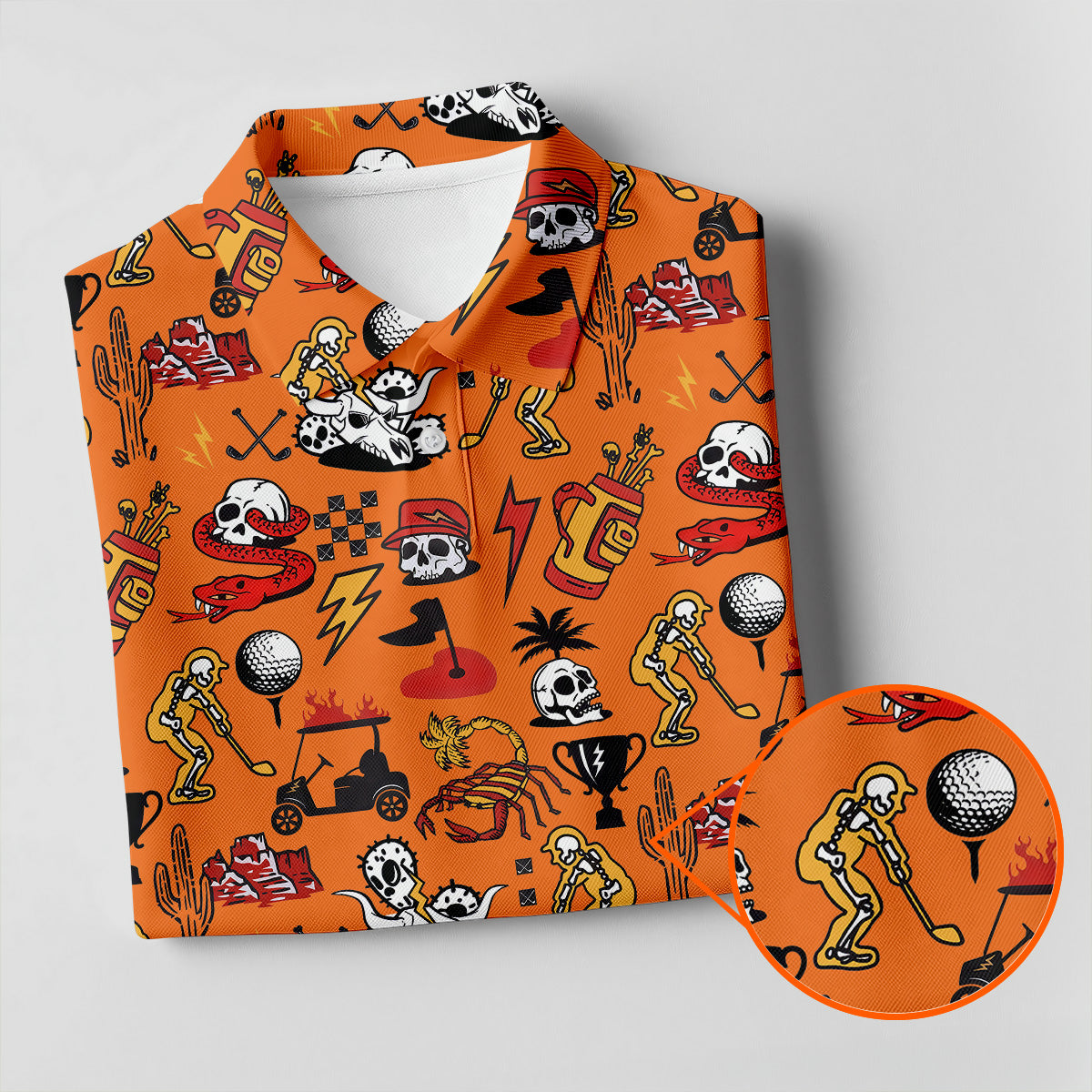 Horror Pattern Orange Halloween Golf Tops For Men, Fun Golf Shirts For Men, Halloween Gift Idea