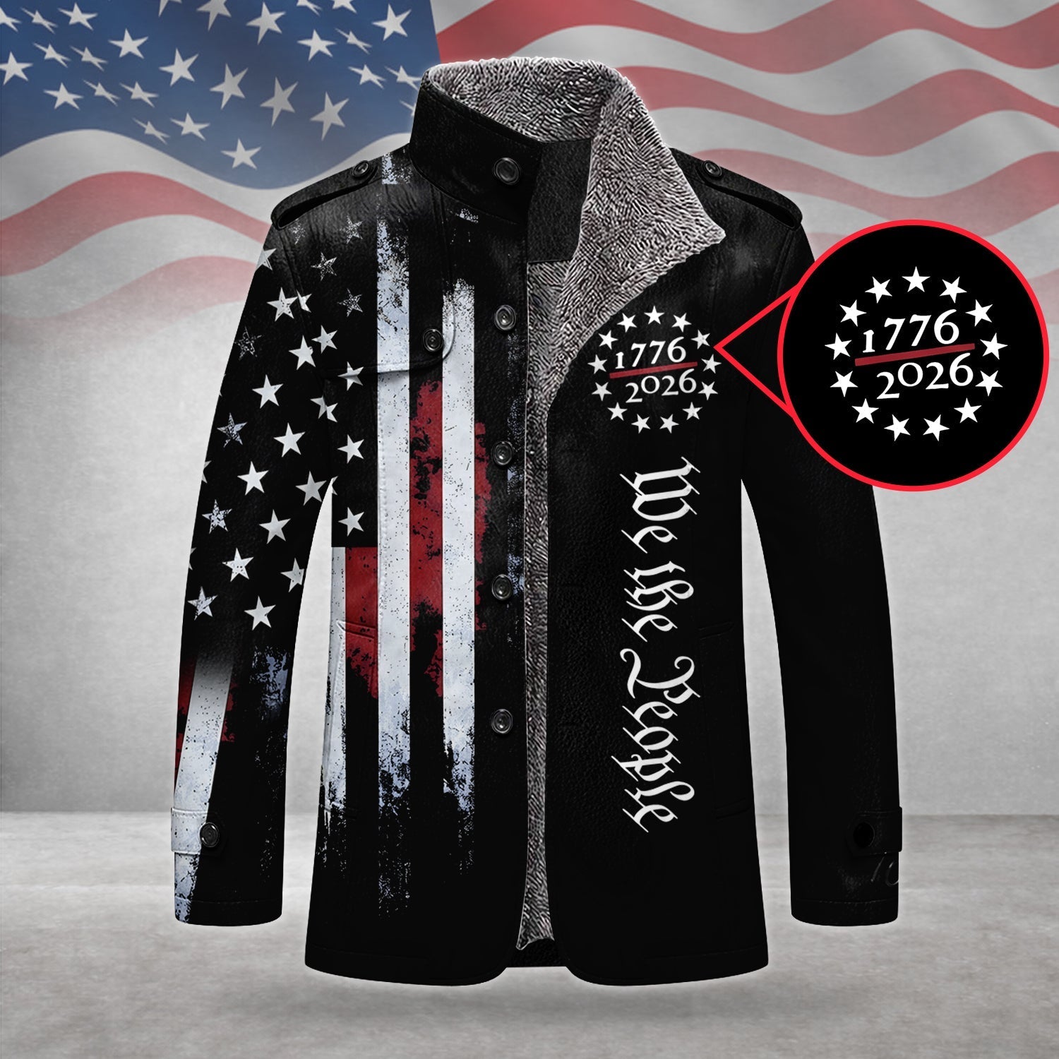 We The People 250 Years Distressed Flag Men's Cold Premium Weather Jacket, Leather Trench Coat