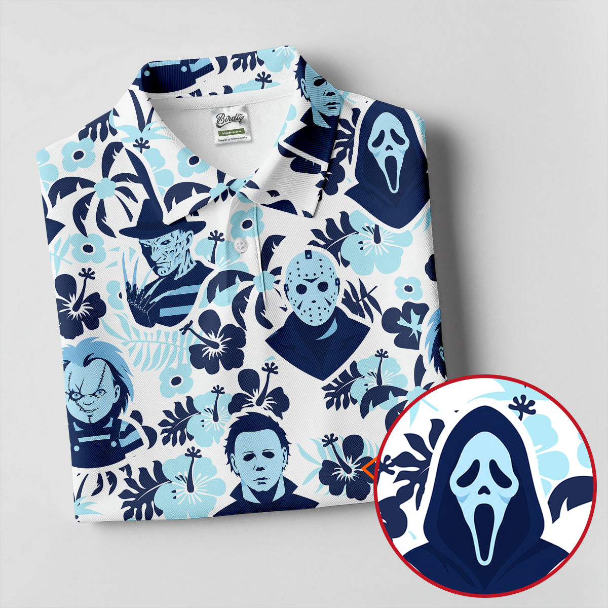 Blue Tropical Horror Character Halloween Golf Shirt, Women's Golf Apparel, Printed Golf Shirt