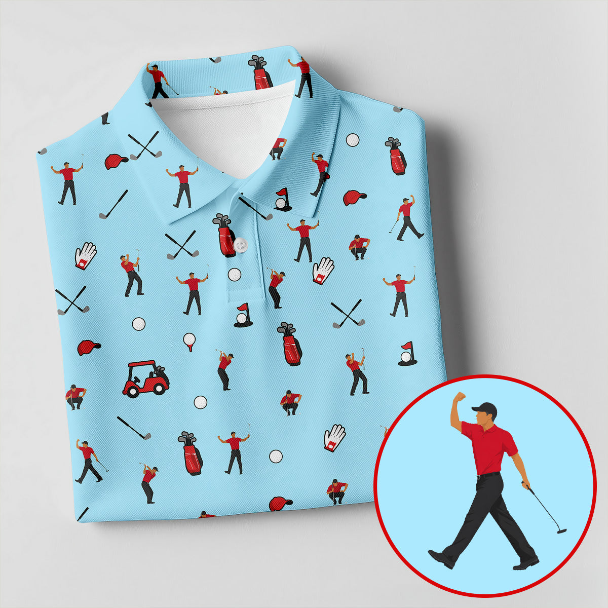 Blue Golf Player Pattern Polo Shirt, Women's Golf Tops, Ladies Golf Shirt