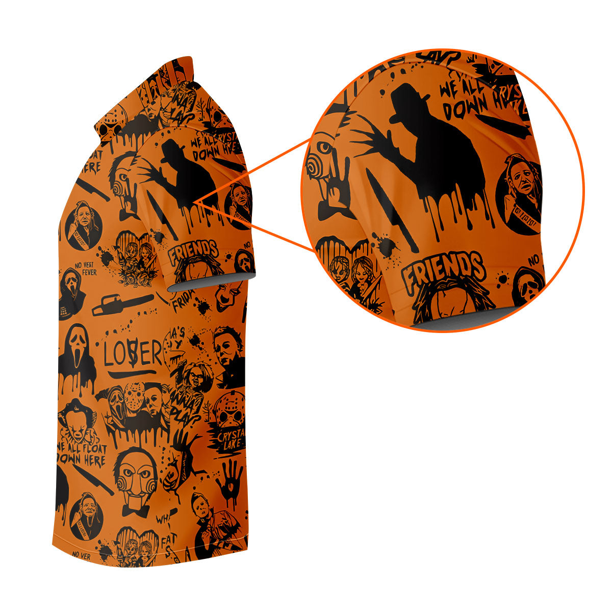 Orange Horror Character Icons Pattern Golf Polo Shirt for Halloween, Mens Golf Polo, Printed Golf Shirts