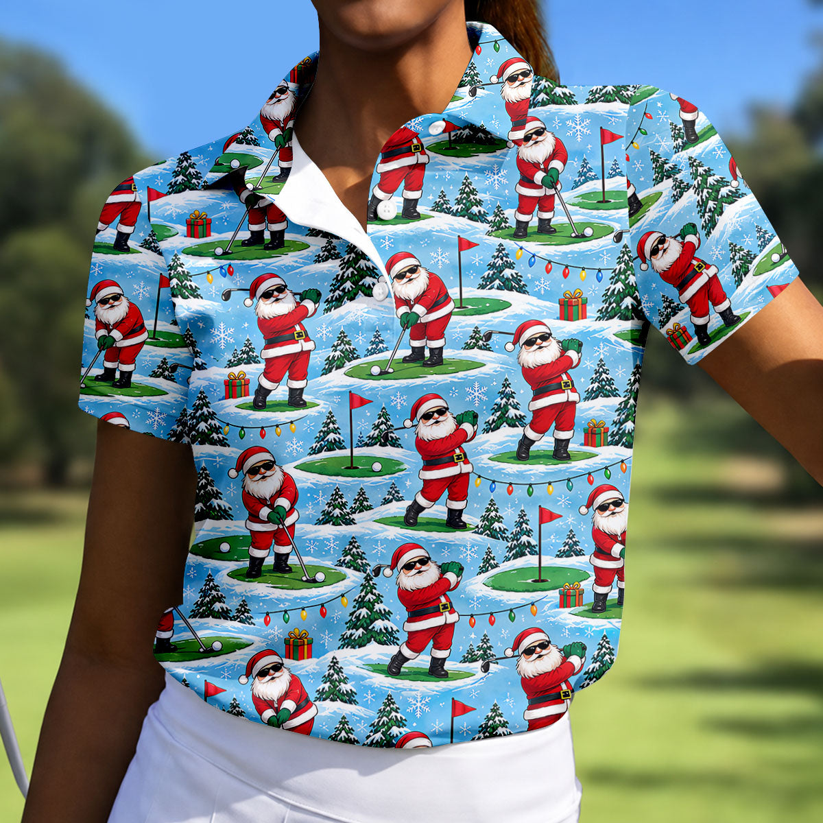 Santa Playing Golf In Snow Christmas Golf Shirt, Womens Golf Tops, Ladies Golf Shirts