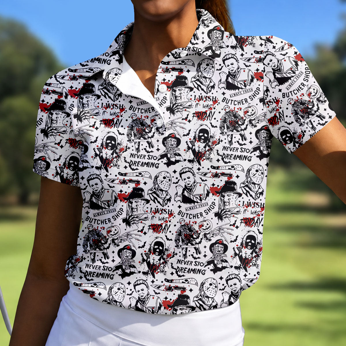 Classic Horror Character Collage Halloween Polo Shirt, Ladies Golf Shirt, Womens Golf Tops