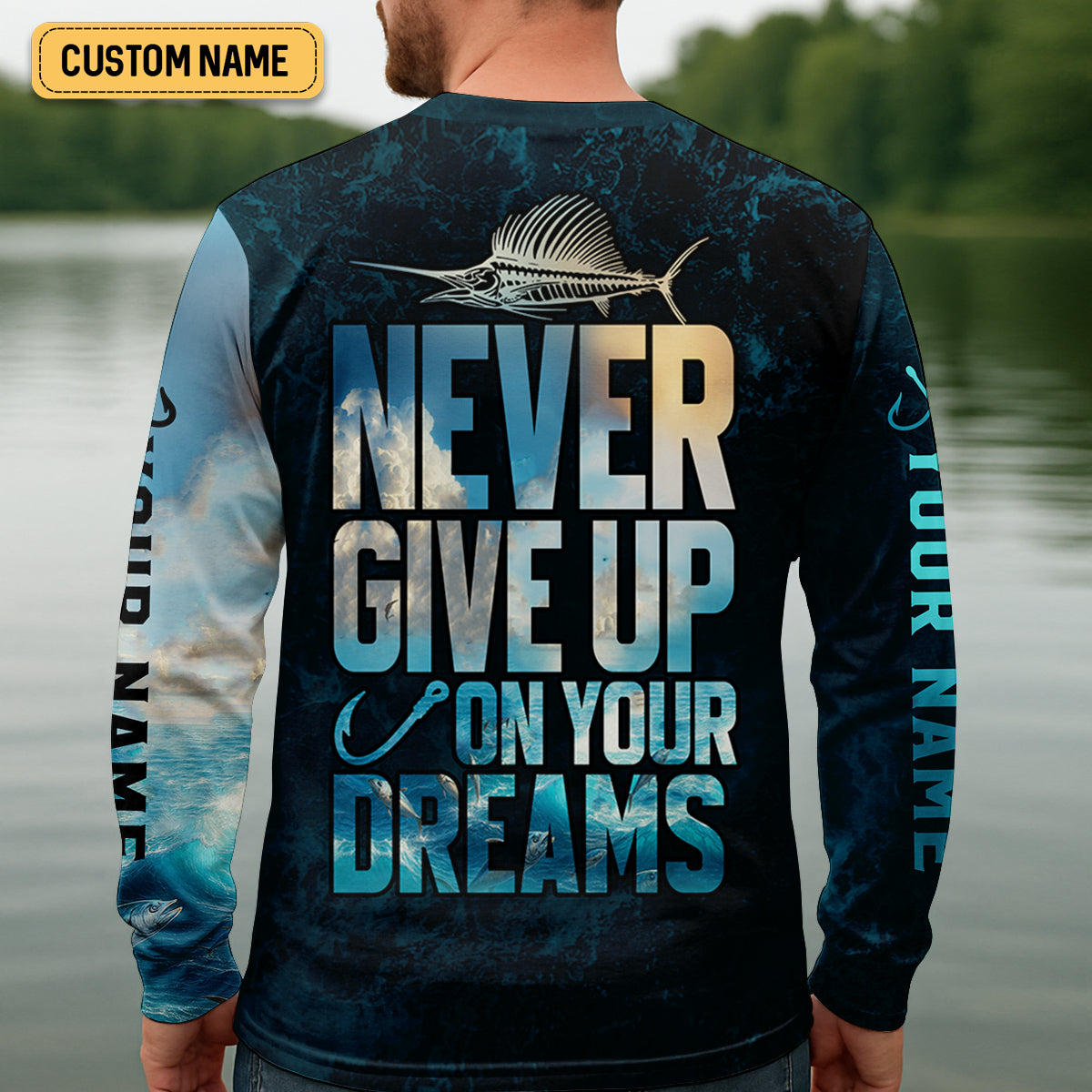 Never Give Up On Your Dreams Funny Skeleton Fishing UPF Shirts, Fishing Gifts For Men, Men's Fishing Shirt