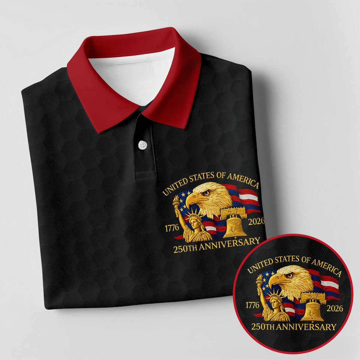 United States 250th Anniversary Patriotic Eagle Black Custom Golf Shirts, 4th Of July Golf Shirt For Women