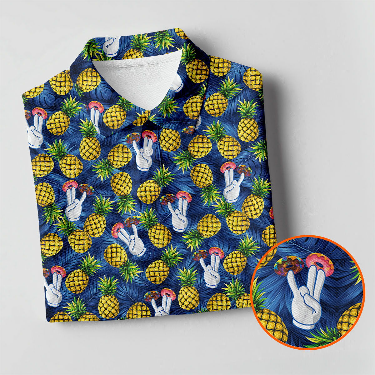 Hawaiian Pineapples Donut Finger Blue Green Yellow Fun Women's Golf Shirts, Women's Golf Tops, Ladies Golf Shirts