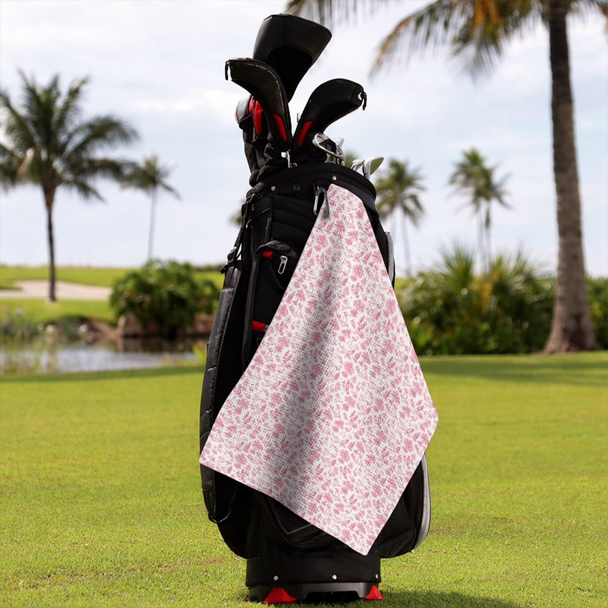 Toile De Jouy Flamingo Golf Towel, Crazy Pink Golf Towels, Golf Gift For Golfer