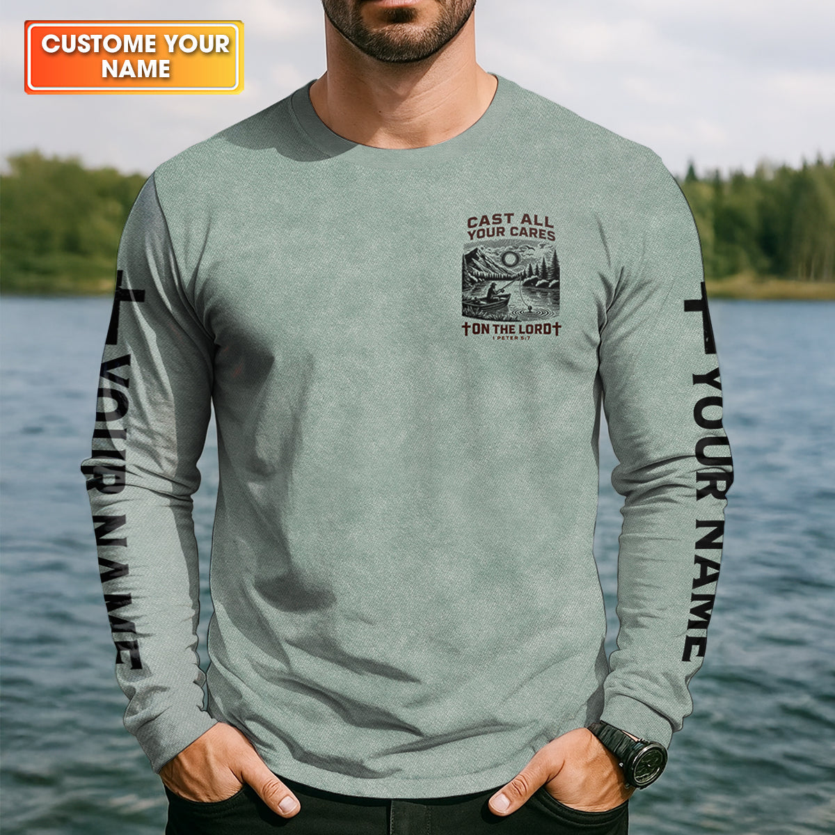 Cast All Your Cares On The Lord Faith Cross Fishing UPF Shirts, Christian Fishing Shirts For Men