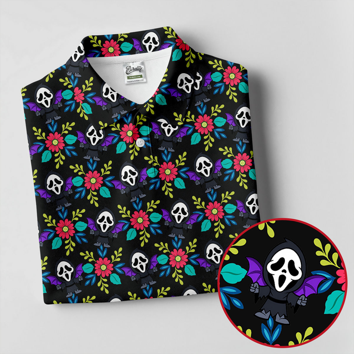 Floral Horror Character Halloween Polo Shirt, Women's Halloween Shirt, Women's Golf Polo