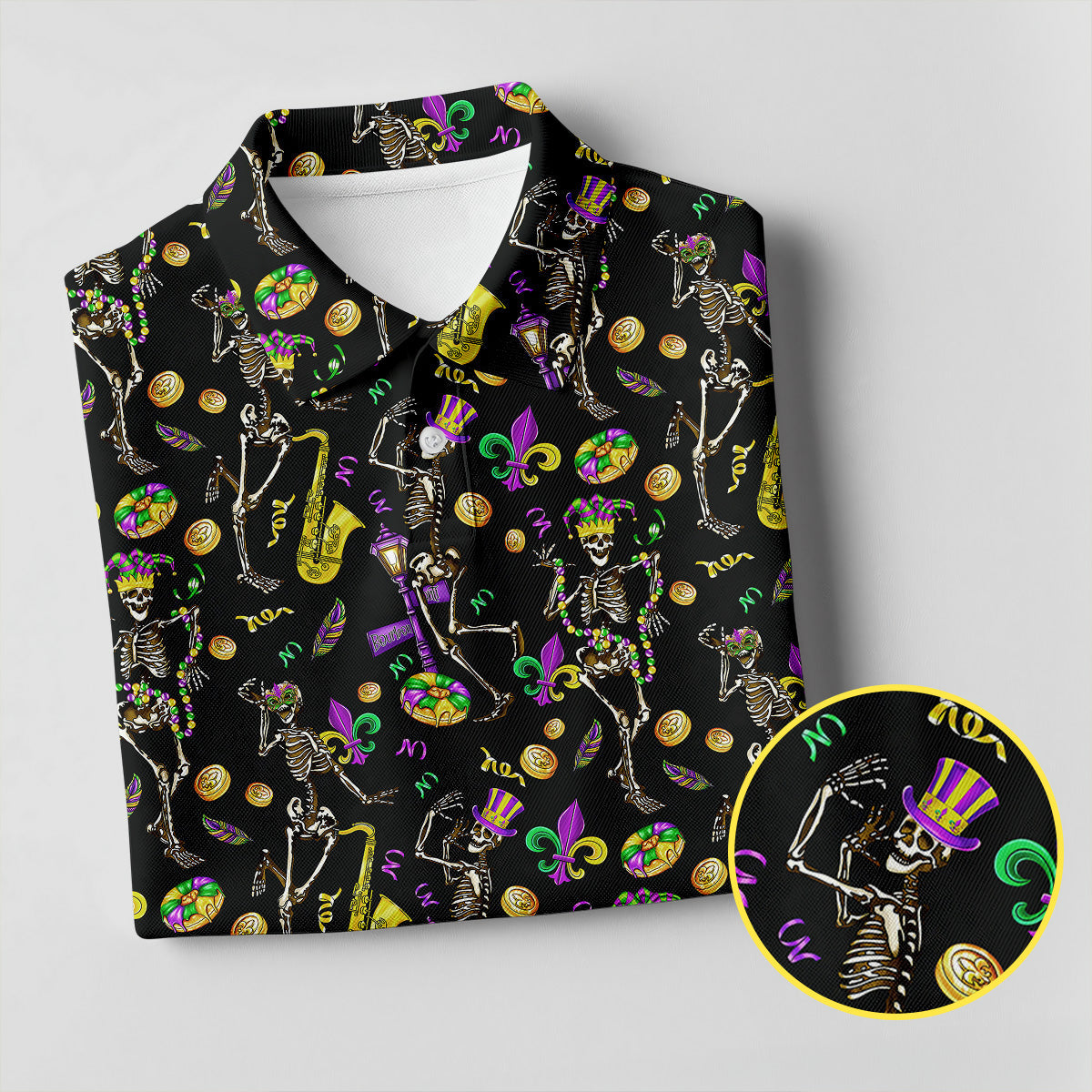Dancing Skeleton Mardi Gras Fleur De Lis Black Golf Shirt, Women's Golf Tops, Ladies Golf Polos
