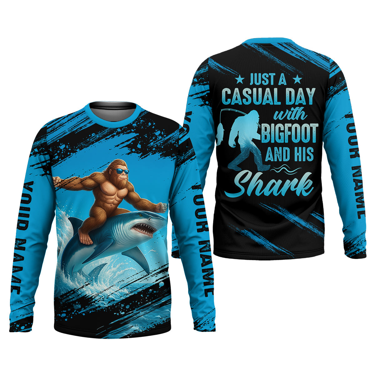 Just A Casual Day With Bigfoot And His Shark Fishing UPF Shirts, Funny Fishing Shirt, Presents For Fishermen