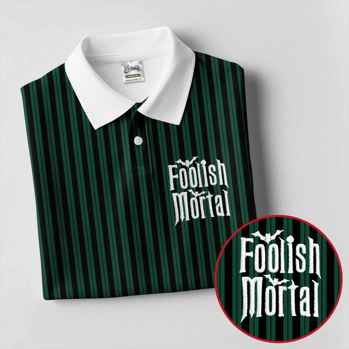 Green Foolish Mortal Striped Golf Polo Shirt, Golf Shirts For Women, Halloween Tops For Women