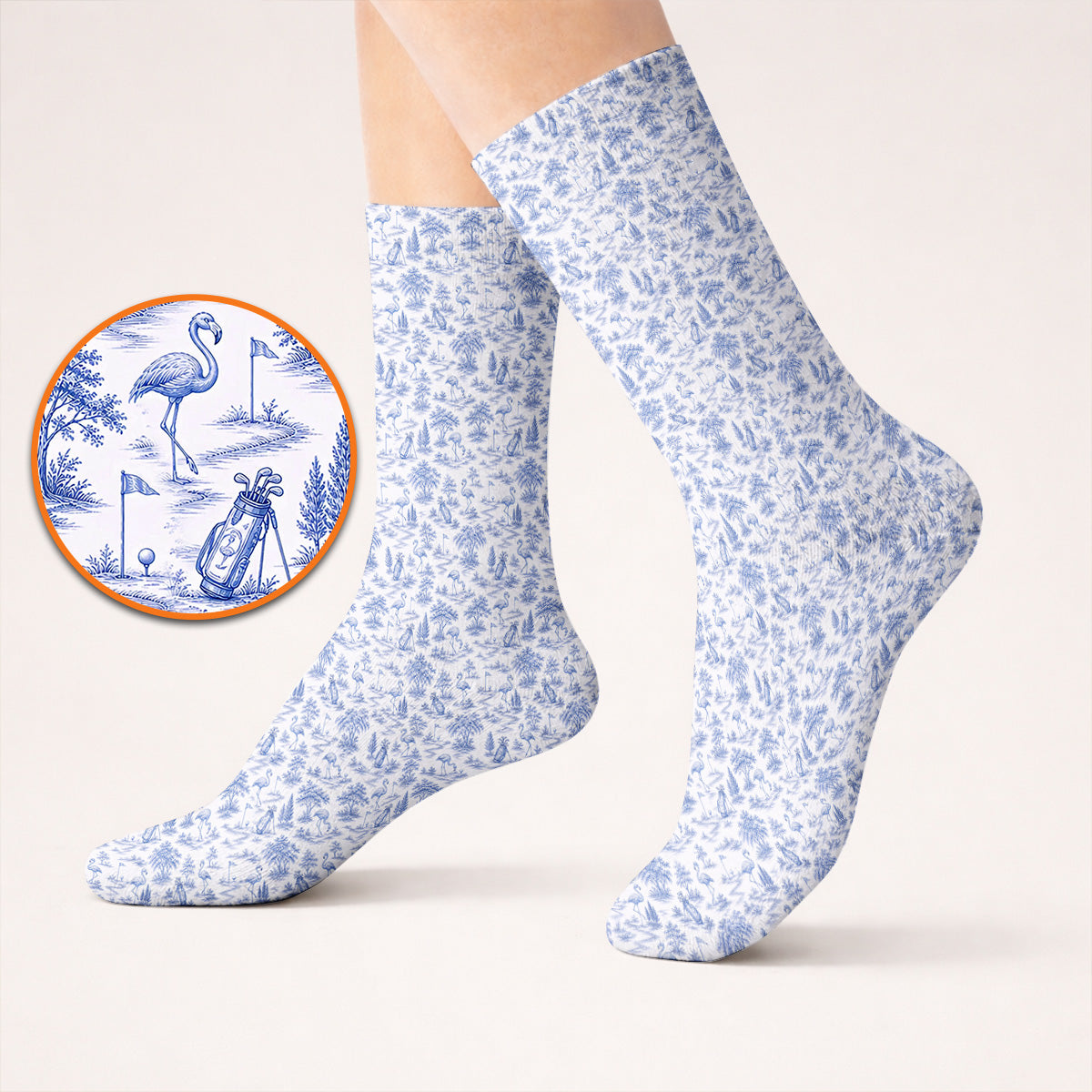 Toile De Jouy Flamingo Golf Crew Sock, Crazy Pink Golf Socks, Golf Gift For Golfer