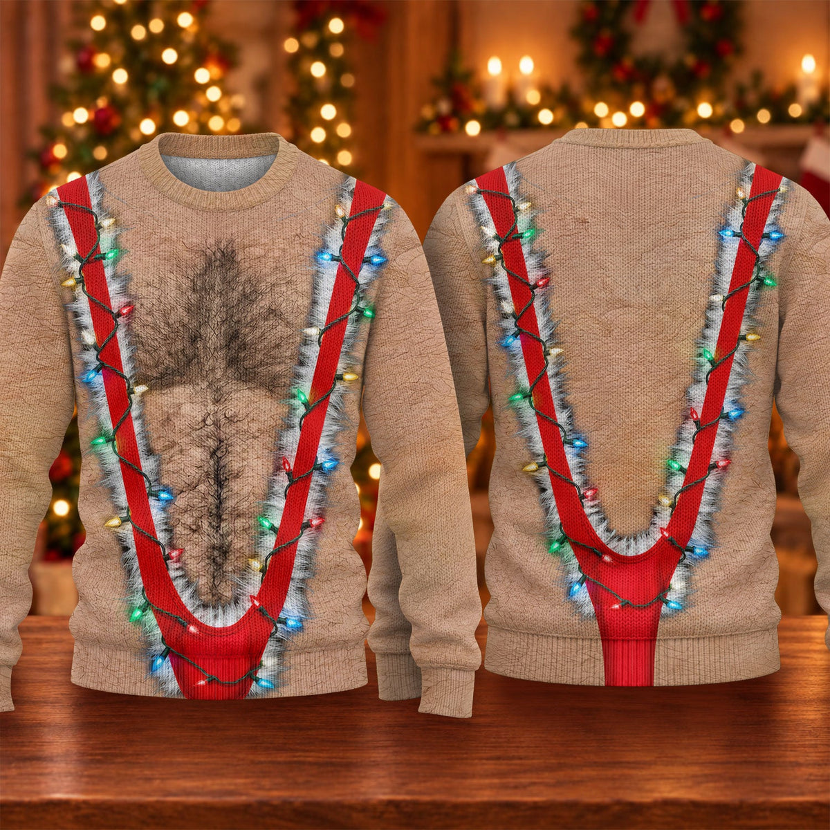 Hairy Chest Lights Print Sweater, Christmas Golf Shirt For Men, Ugly Christmas Sweater