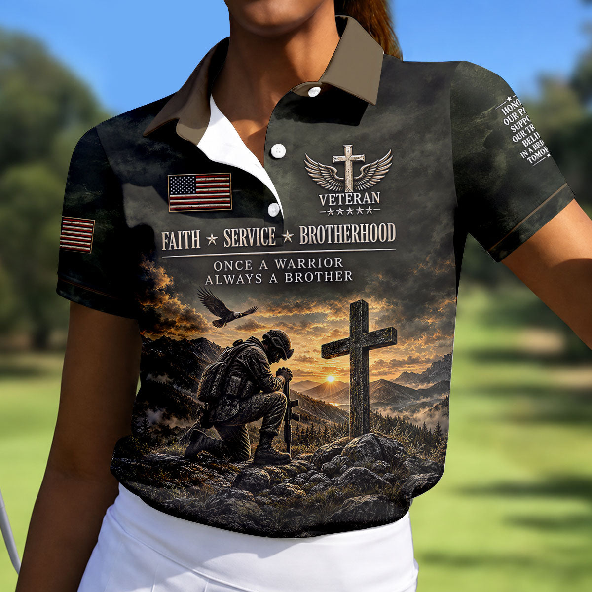 Veterans Day Praying Soldier Cross Polo Shirt, Golf Tops For Women, Ladies Golf Tops