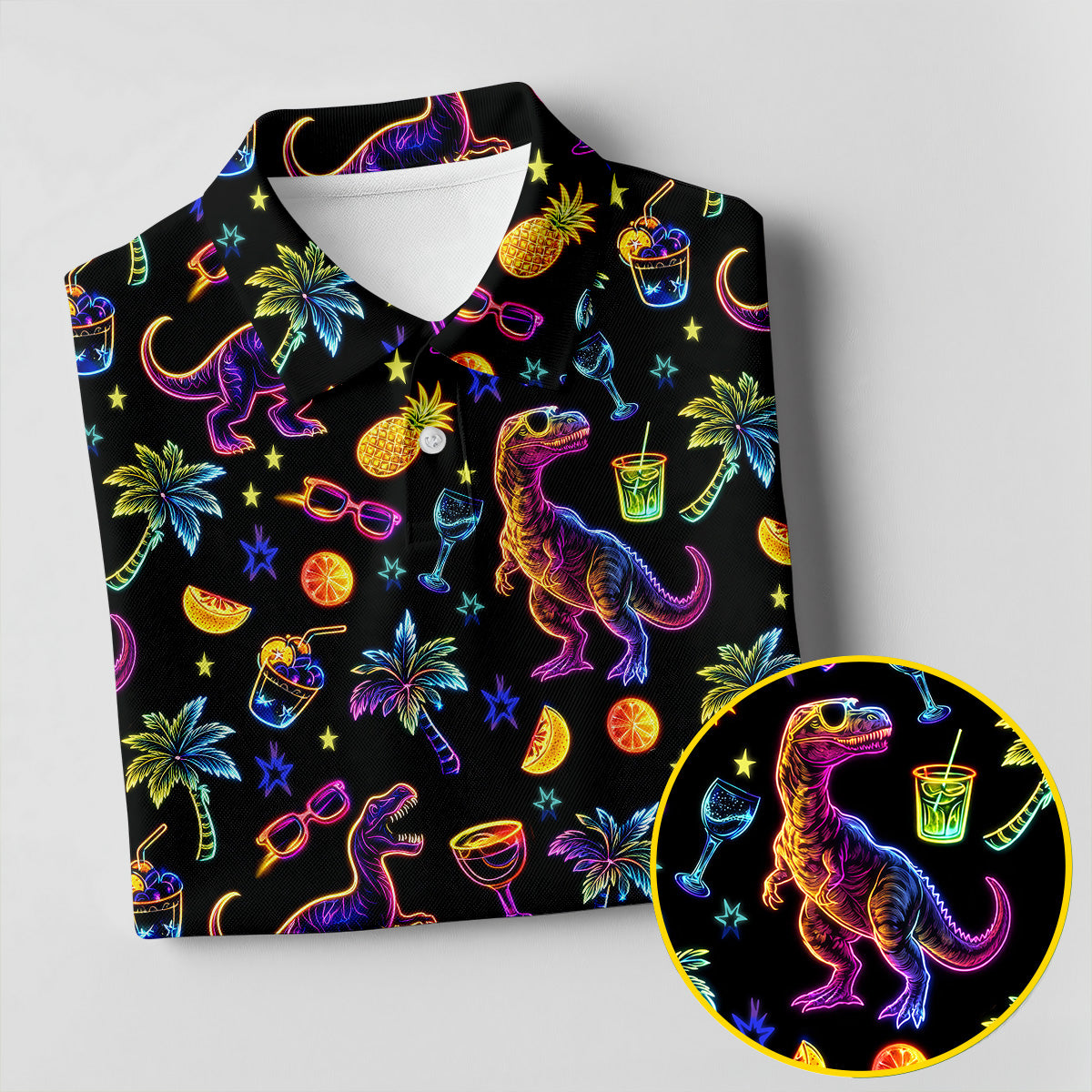 Neon Dinosaur Tropical Theme Hawaiian Golf Shirt, Polo Shirts For Men, Golfing Apparel