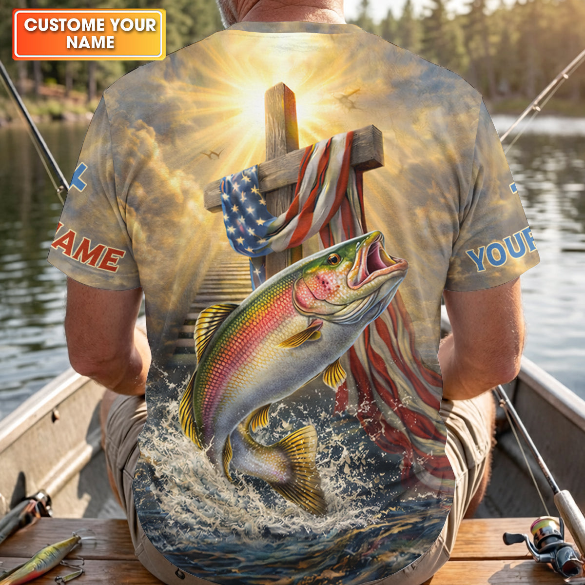Faith Cross Patriotic Fishing Shirt, Fishing UPF Shirts, 250th Anniversary Fishing Shirts For Men