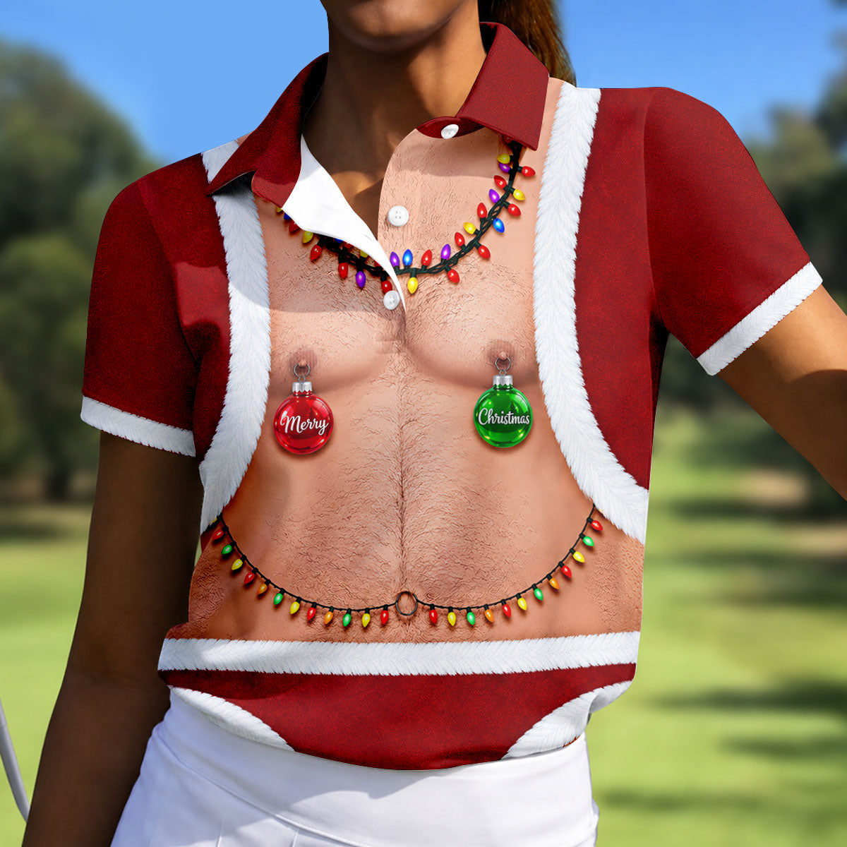 Funny Santa Ornament Lights Christmas Golf Shirt, Women’s Golf Polo, Golf Tops For Women