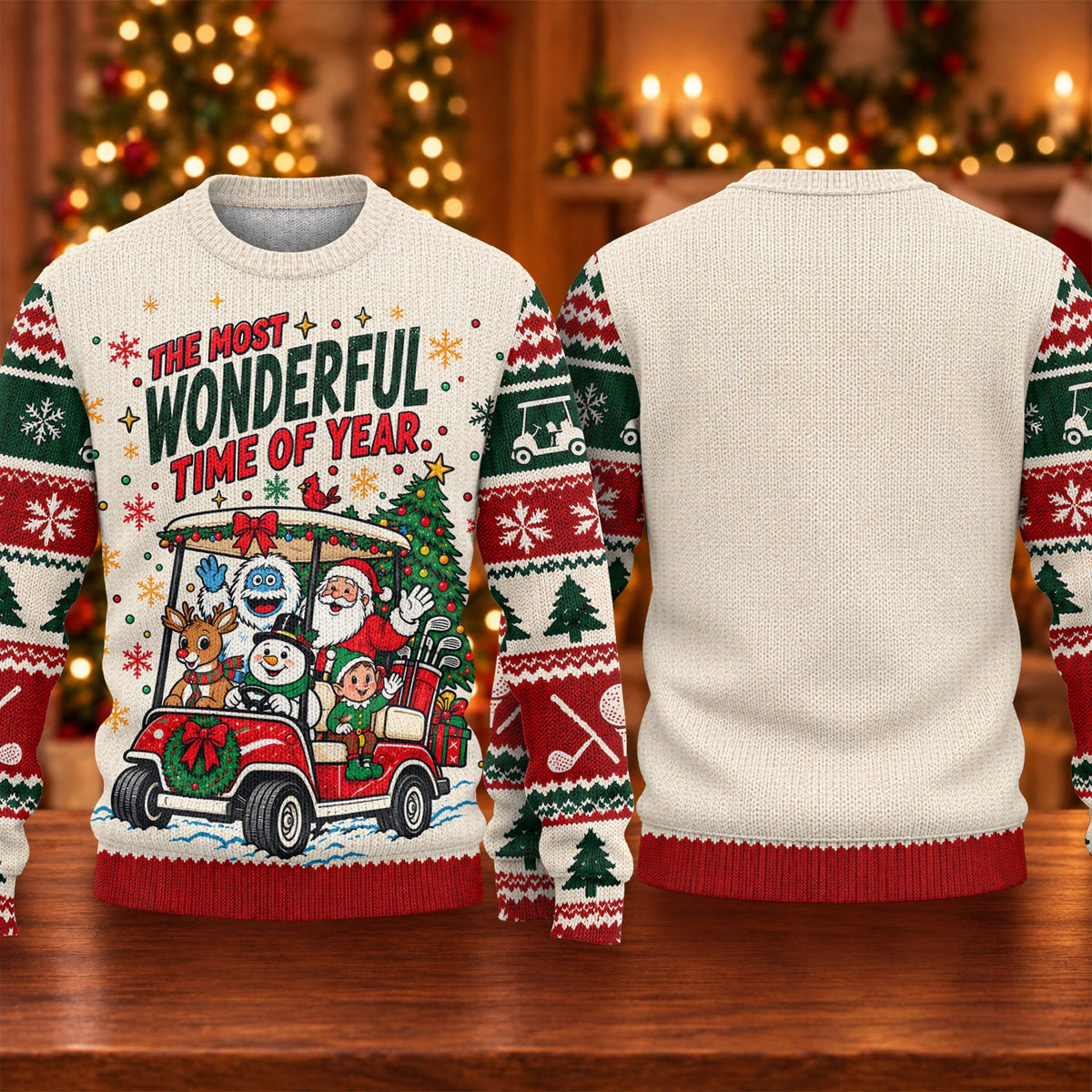 Most Wonderful Time Golf Cart Ugly Christmas Sweater, Holiday Sweaters, Golf Gifts