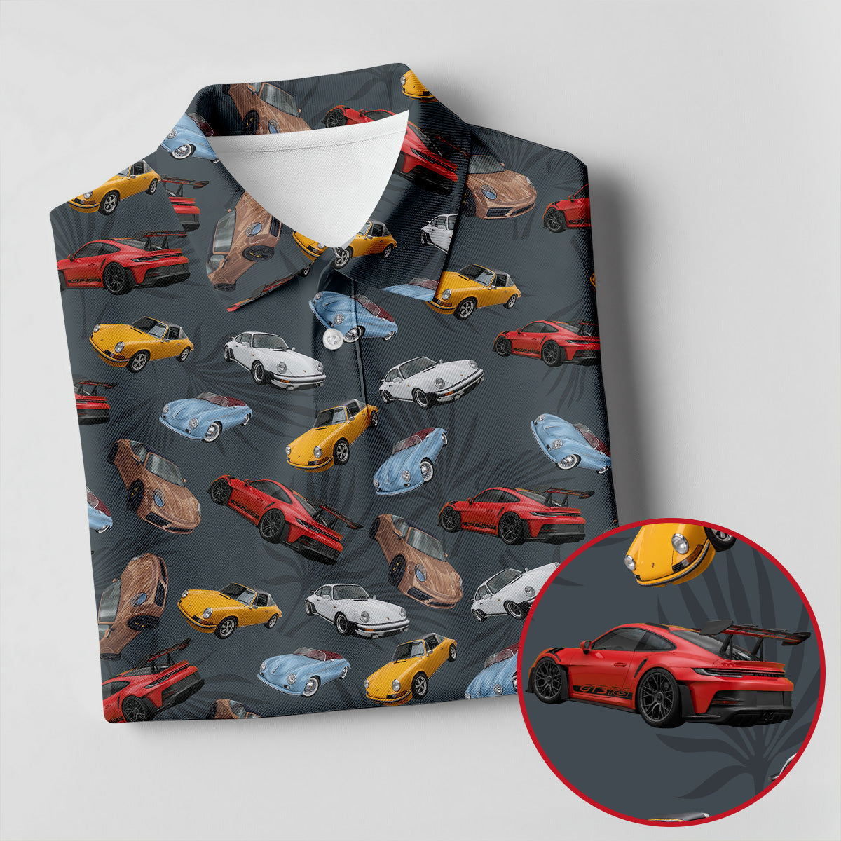 Charcoal Vintage Sports Car Pattern Golf Polo Shirt, Golf Shirts For Women, Women's Golf Polo