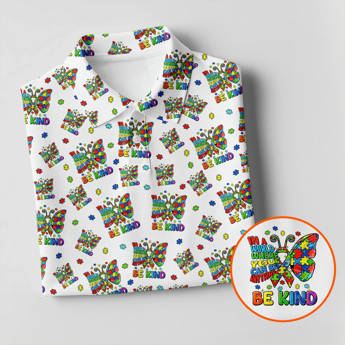 In A World Where You Can Be Anything Be Kind Rainbow Butterfly Autism Awareness White Golf Shirt, Women's Golf Tops
