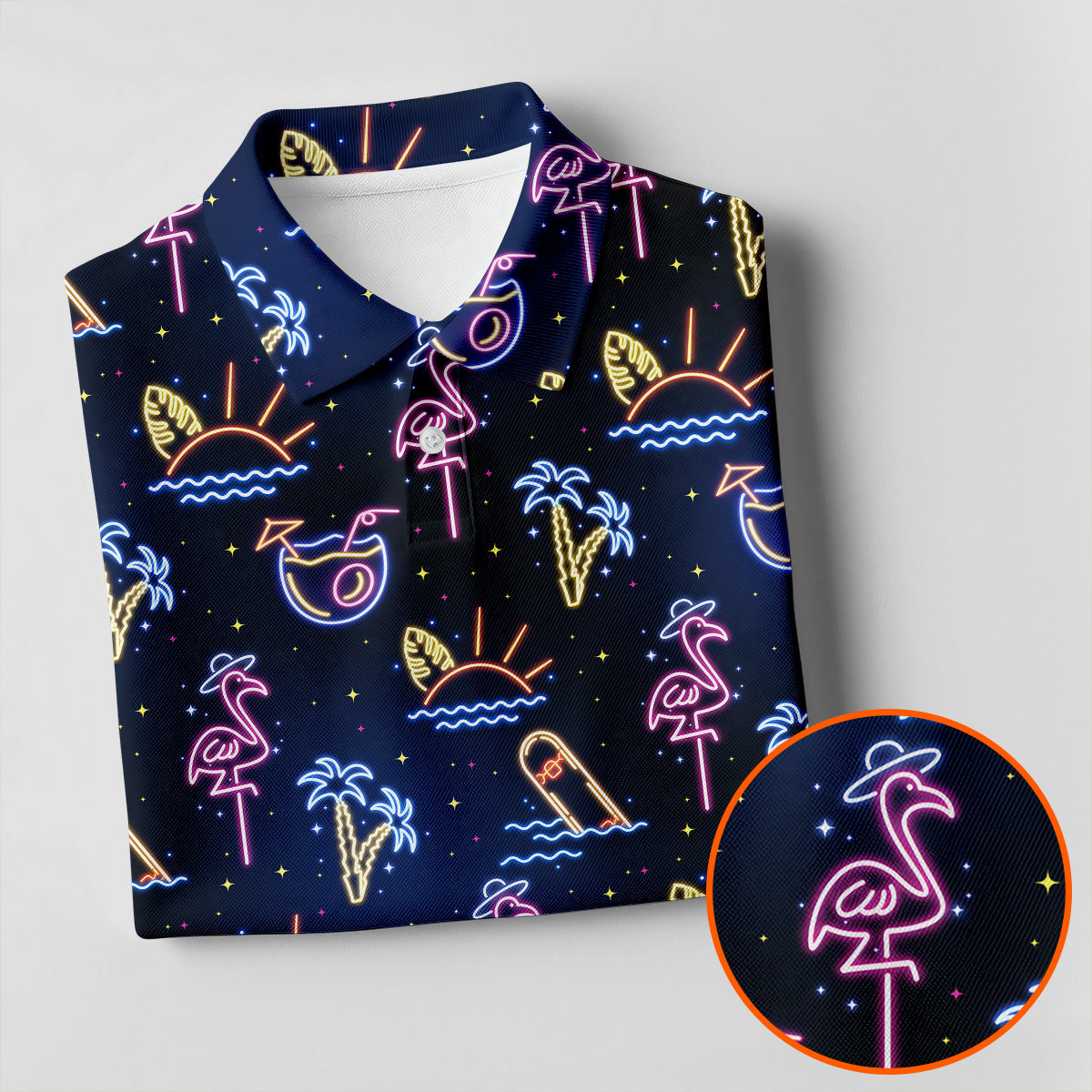 Neon Tropical Flamingo Sunset Cocktail Night Golf Polo, Hawaiian Golf Shirt, Polo Shirts For Men