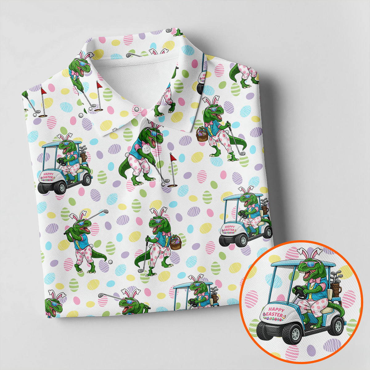 T-Rex Bunny Colorful Easter Egg Women Golf Top, Fun Women's Golf Shirts, Ladies Golf Shirts