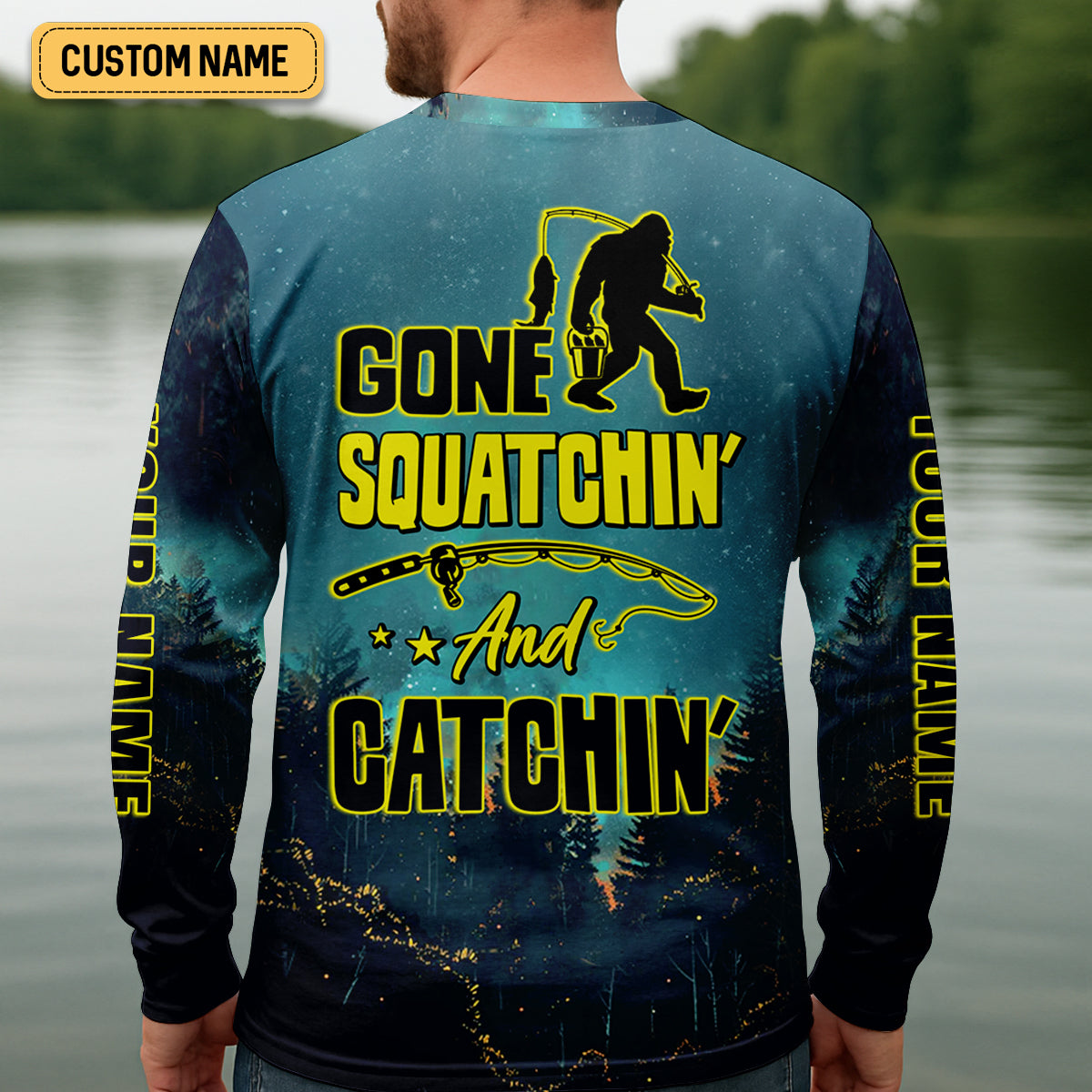 Gone Squatchin And Catching Night Forest Performance Fishing Shirts, SPF Shirt For Men, Gift For Fisherman